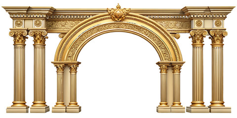 Golden ornate archway with six columns on white background isolated on a transparent background