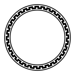 Circle frame with serpentine meander pattern. Decorative circular border with a bold zigzag line. A seamless Greek key pattern with two thinner circles. Isolated black and white illustration. Vector