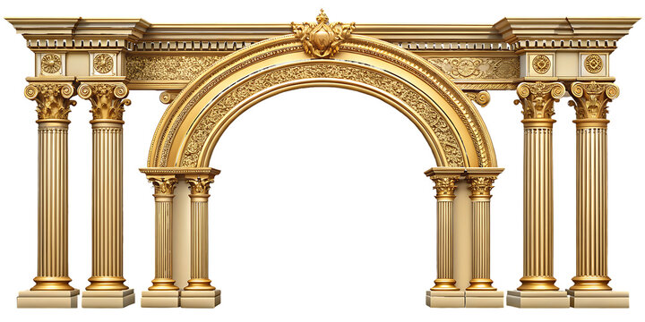 Golden ornate archway with six columns on white background isolated on a transparent background