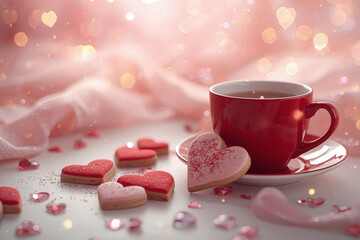 Homemade heart-shaped gingerbread cookies and a cup of tea on the table. Delicious heart-shaped gingerbread cookies on a light pink background. Freshly baked gingerbread cookies for Valentine's Day.