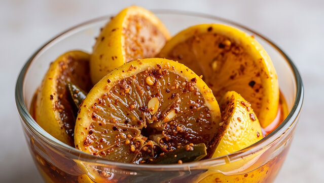 Spicy Tangy Sliced Lemon Pickle Nimbu ka Achar with Red Chili Flakes and Mustard Oil in Glass Bowl