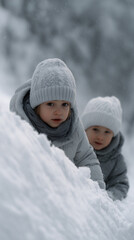 Children climbing snowy hill