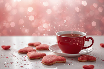 Homemade heart-shaped gingerbread cookies and a cup of tea on the table. Delicious heart-shaped gingerbread cookies on a light pink background. Freshly baked gingerbread cookies for Valentine's Day.