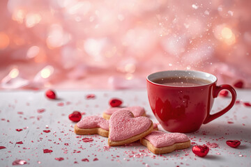Homemade heart-shaped gingerbread cookies and a cup of tea on the table. Delicious heart-shaped gingerbread cookies on a light pink background. Freshly baked gingerbread cookies for Valentine's Day.