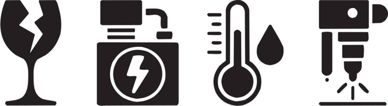Conjunto de iconos vectoriales de servicios el&eacute;ctricos: enchufe, term&oacute;metro, energ&iacute;a, temperatura, instalaci&oacute;n, climatizaci&oacute;n en silueta negra.