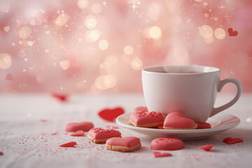 Homemade heart-shaped gingerbread cookies and a cup of tea on the table. Delicious heart-shaped gingerbread cookies on a light pink background. Freshly baked gingerbread cookies for Valentine's Day.