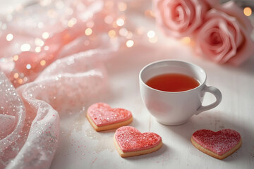 Homemade heart-shaped gingerbread cookies and a cup of tea on the table. Delicious heart-shaped gingerbread cookies on a light pink background. Freshly baked gingerbread cookies for Valentine's Day.