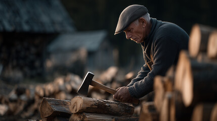 Elderly man chopping wood0