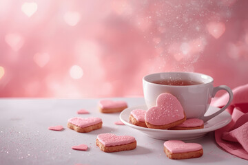 Homemade heart-shaped gingerbread cookies and a cup of tea on the table. Delicious heart-shaped gingerbread cookies on a light pink background. Freshly baked gingerbread cookies for Valentine's Day.