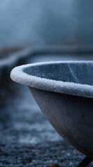 Icy wheelbarrow in garden close-up