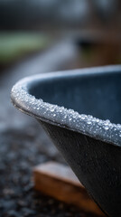Icy wheelbarrow in garden close-up