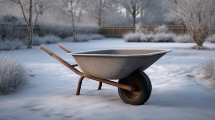 Icy wheelbarrow in garden