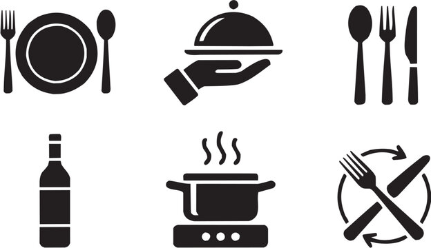 Conjunto de iconos vectoriales de servicio de comida: bandeja, cuchara, mano, vapor, restaurante, catering, alimentaci&oacute;n en silueta negra.