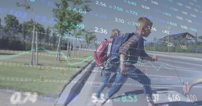 Animation of trading board over multiracial students running through zebra crossing on road