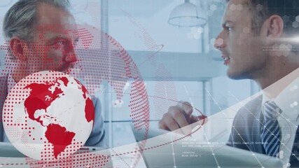 Animation of globe and data processing over diverse businessmen using tablet - Powered by Adobe