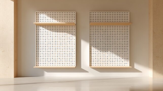 Modern minimalist wooden pegboard shelves in sunlit room interior design