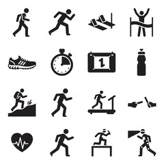 Set of icons representing running, fitness, sports, and healthy lifestyle activities for health and wellness