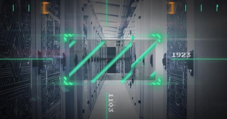 Animation of green scanner and data processing over microprocessor connections against server room - Powered by Adobe