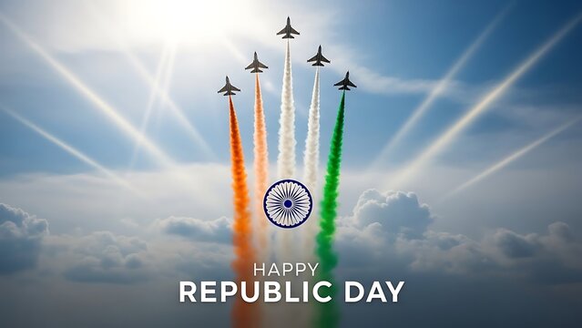 Indian Republic Day Celebration with Fighter Jets Performing Tricolor Flypast in Sky.