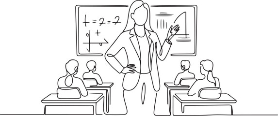 Continuous one line drawing woman teacher professor standing in front of blackboard teaching student in classroom. College class or university teacher teach in classroom. one line Icon drawing © Mofazzelh
