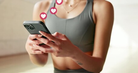 Hands, phone and overlay with heart sign, texting and happy with chat for online dating at gym. Person, smartphone and typing with emoji, icon or symbol on mobile app for fitness with social media - Powered by Adobe