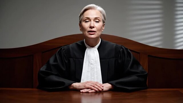 Woman in judicial robe seated at polished wood bench