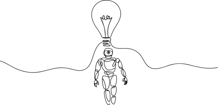 Continuous one line drawing robots using monocular, flying with hot air balloon lightbulb. Humanoid robot cybernetic organism. Future robotics development. one line Icon drawing
