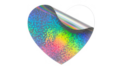A vibrant holographic heart sticker with a peeled corner revealing its dazzling rainbow spectrum isolated on transparent background