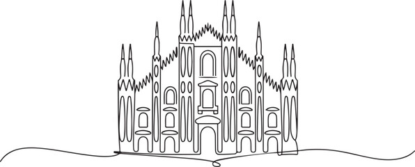 Naklejka premium Rysunek z jedną ciągłą linią – zabytek katedry Duomo w Mediolanie. Piękne, słynne miejsce w Mediolanie we Włoszech. Koncepcja plakatu z inspiracją do podróży dookoła świata. Rysunek z jedną linią – ikona.