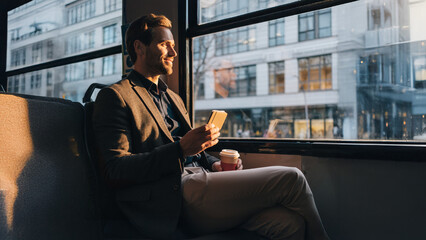Man gazing out bus window holding coffee and notebook.