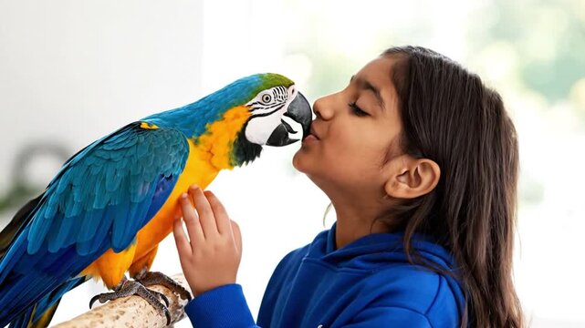 A Loving Encounter: A young girl shares a tender moment with a vibrant macaw parrot, their faces touching in a gesture of affection and friendship, symbolizing the beauty of animal companionship.