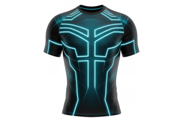 Black t-shirt with neon blue circuit isolated on a transparent background