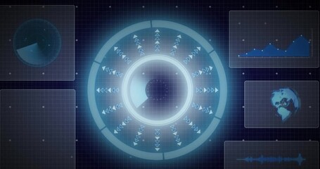 Animation of interface with neon round scanner and data processing against blue background - Powered by Adobe