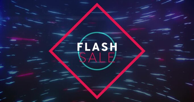 Animation of flash sale text in pink frame on light trails black background