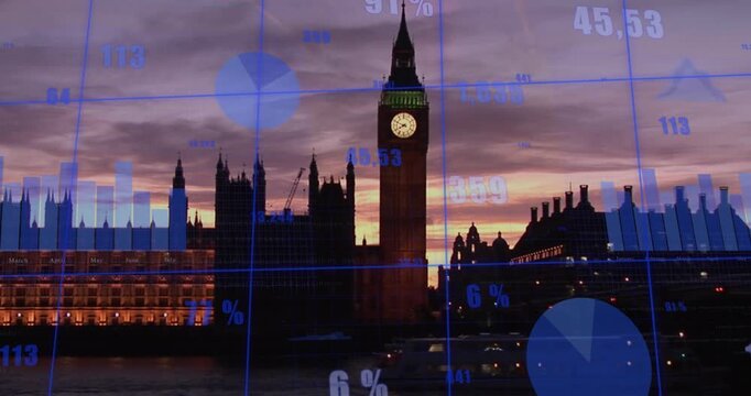 Animation of data processing over london cityscape