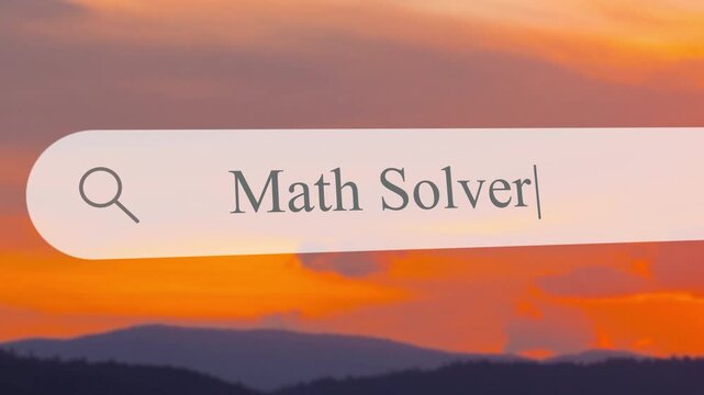 User types math solver in the address bar while a sunset shows over hills and water. The search box is clearly visible against the colorful backdrop during the evening.