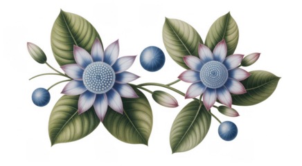 Blue and white flowers with green leaves and blue berries on black isolated on a transparent background