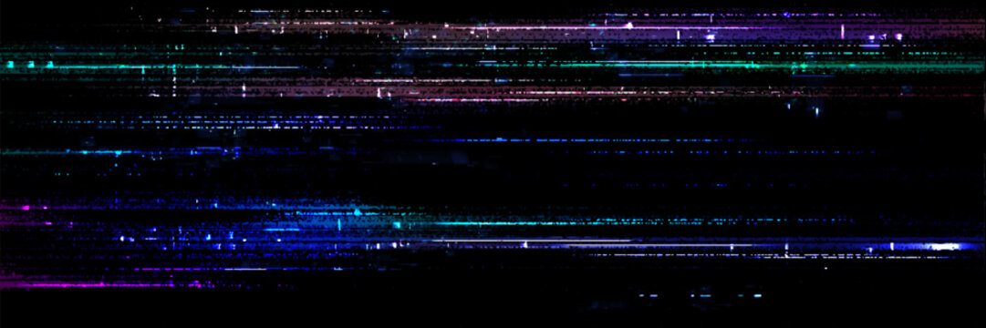 Digital glitch texture with pixelated noise effect. Vector realistic illustration of abstract video rewind pattern on black screen background, static noise overlay, retro tv display, signal distortion