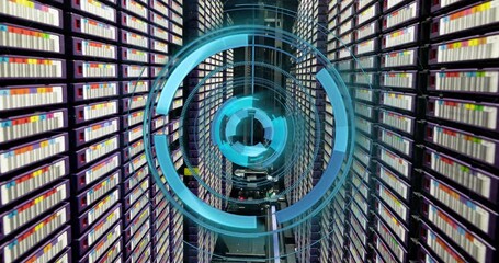 Animation of neon blue round scanner spinning against computer server room - Powered by Adobe