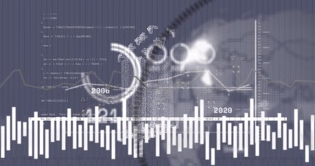 Animation of interface with spinning globe and stock market data processing against grey background - Powered by Adobe