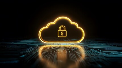 Secure Cloud Computing: Golden Cloud Outline with Padlock on Circuit Board Background for Data Protection and Cyber Security in the Digital Age. Future Ready