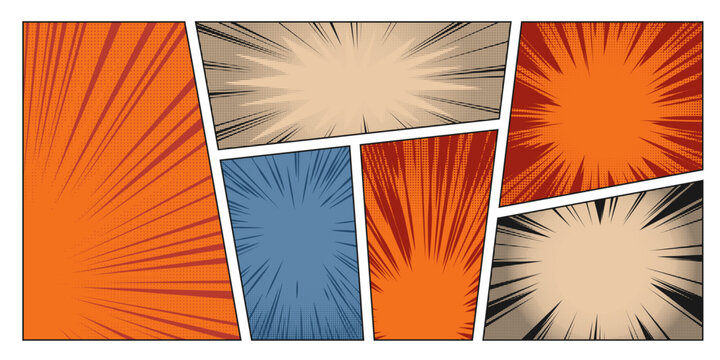 Manga speed lines on color halftone background. Vector cartoon illustration of comic frames with explosion effect, superhero appearance rays, magic power impact, strong blast on blue orange backdrop