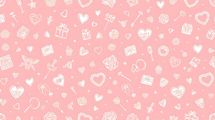 Romantic doodle pattern with hearts, gifts, and flowers on a pastel pink backdrop for valentine's day
