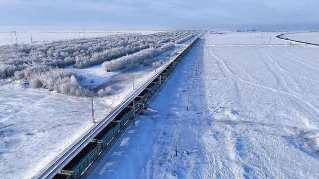 a train with empty carriages is traveling on a winter railway, with trees covered in white frost