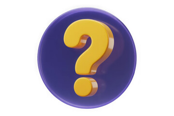 3d yellow question mark on purple circle isolated on transparent background