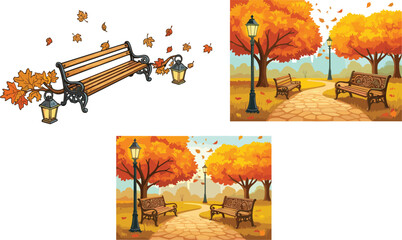 Autumn, park, bench, illustration, with, falling, leaves, vintage, street, lamps, colorful, trees, peaceful, pathway, seasonal, landscape, vector, design, nature, background