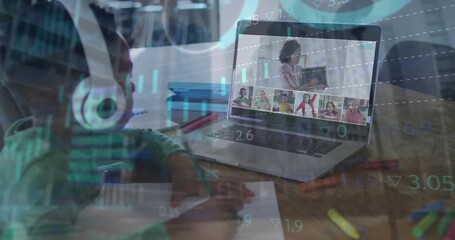 Animation of financial data processing over african american boy online learning with laptop - Powered by Adobe