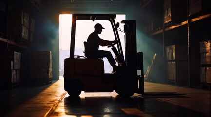 Silhouette of a forklift driver working in a warehouse
