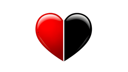 A glossy heart shape divided into vibrant red and deep black halves against a dark background