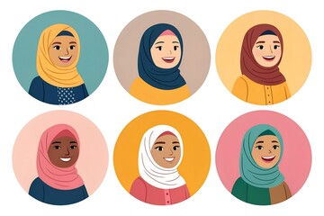 Collection of six diverse, smiling Muslim women avatars wearing various colorful hijabs presented in circular profile icons for modern digital use